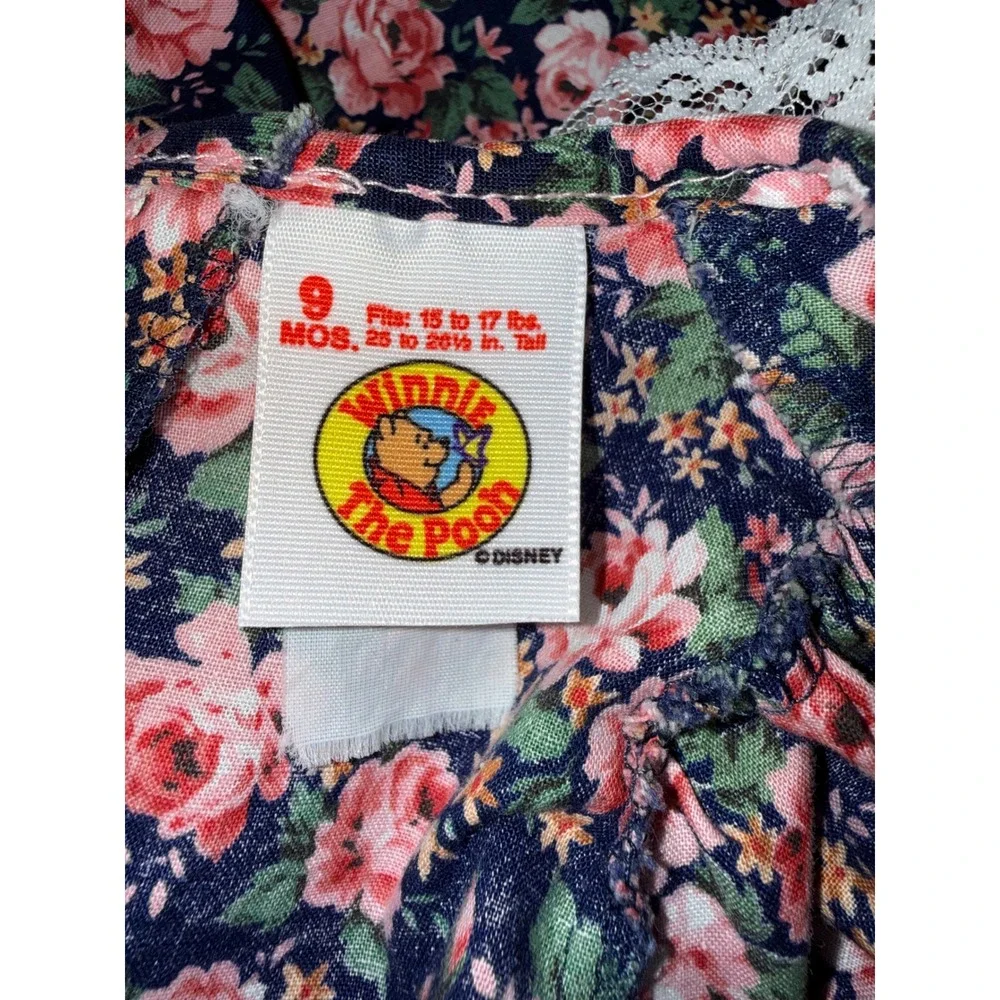Vintage Winnie The Pooh Baby Girls Floral Romper Navy Pink Lace Collar 9 Months
